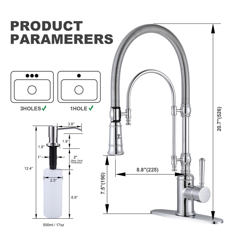 Single Handle Pull Down Sprayer Kitchen Faucet with Soap Dispenser in Chrome, Chrome
