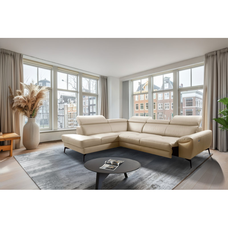 Alvoro Genuine Leather Corner Sofa with Electric Seat Extension & Adjustable Headrests, Left Hand Facing, Beige