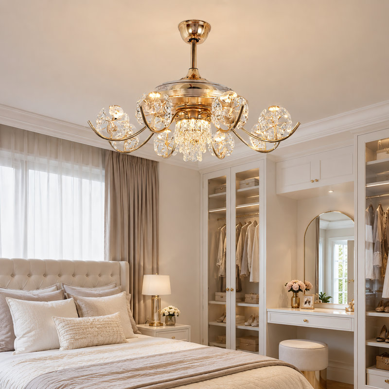 Ventilateur de plafond moderne de 42 po avec lumières à DEL et suspensions en cristal à 8 lumières