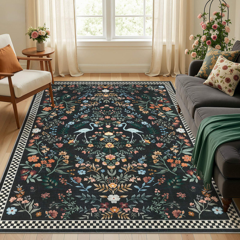 Washable Farmhouse Floral Area Rug with Non-Slip for Bedroom Nursery Living Room Decor-Black, Rectangle 5' x 7', Black