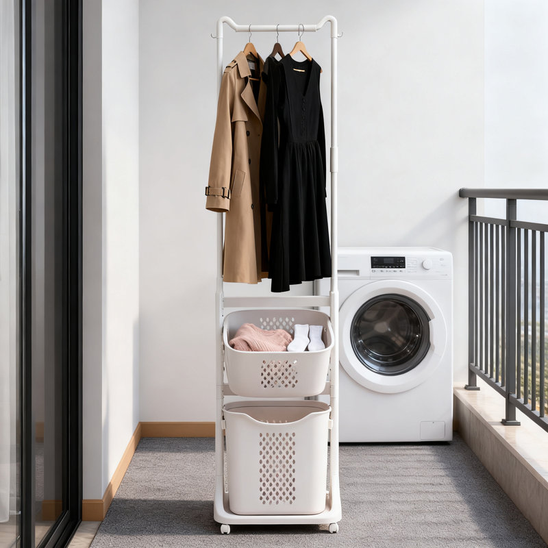 Plastic Rolling Laundry Hamper Sorter With Basket,hanging Bar And Wheels