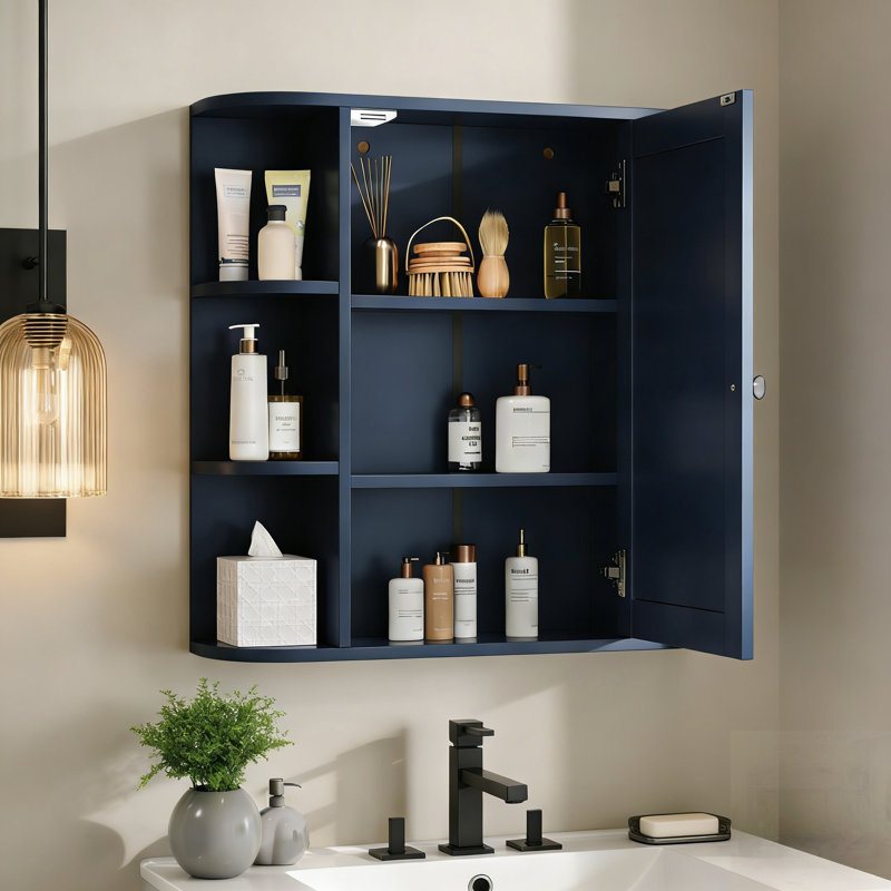 Bathroom Wall Storage Cabinet With Mirror, Adjustable Shelves, And Open Compartments For Efficient Organization, Blue