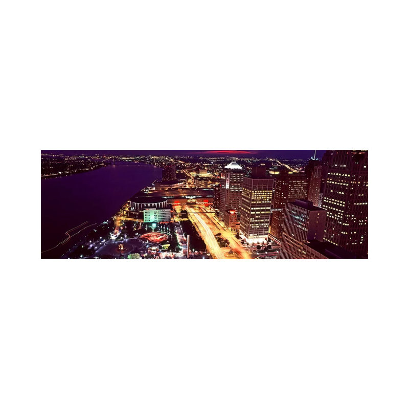 High Angle View Of Buildings Lit Up At Night, Detroit, Michigan, USA by Panoramic Images - Wrapped Canvas Panoramic Print