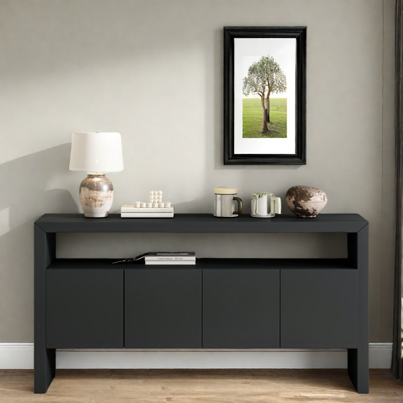 Console moderne à 4 portes avec tablette ouverte et grain de bois naturel, Noir