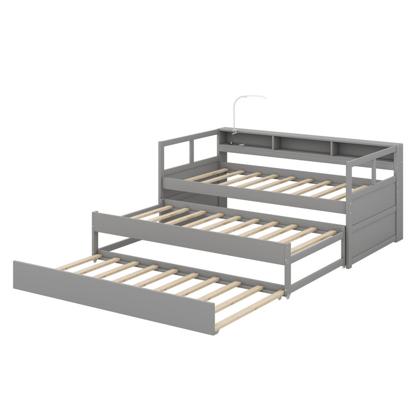 Twin XL Wooden Daybed With Two Trundles, Three Storage &  Light, Gray