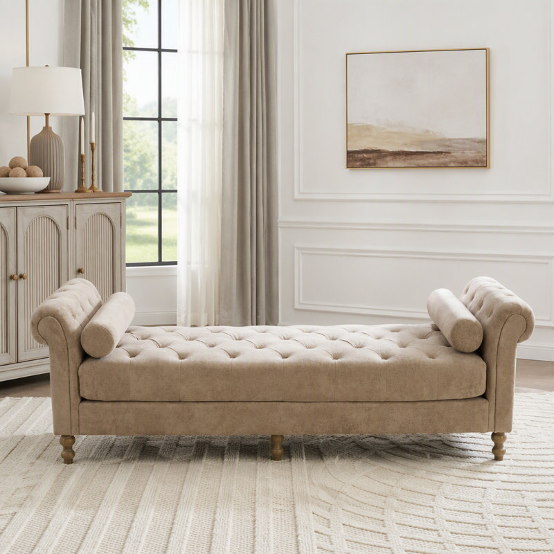 Banc rembourré avec accoudoirs et 2 traversins, Chenille taupe