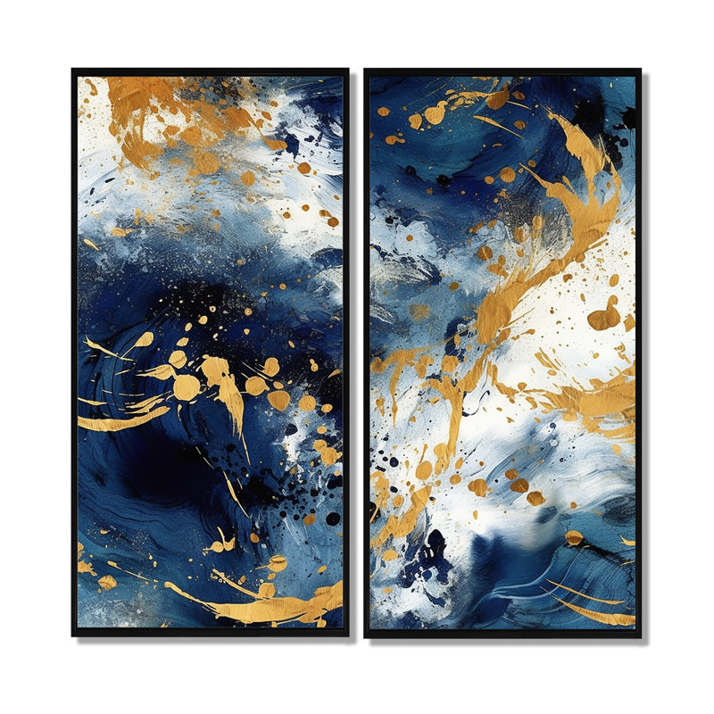 Bleu foncé et or abstrait X - décoration murale moderne 2 panneaux, 32" H x 32" W, Impression encadrée flottante, Black