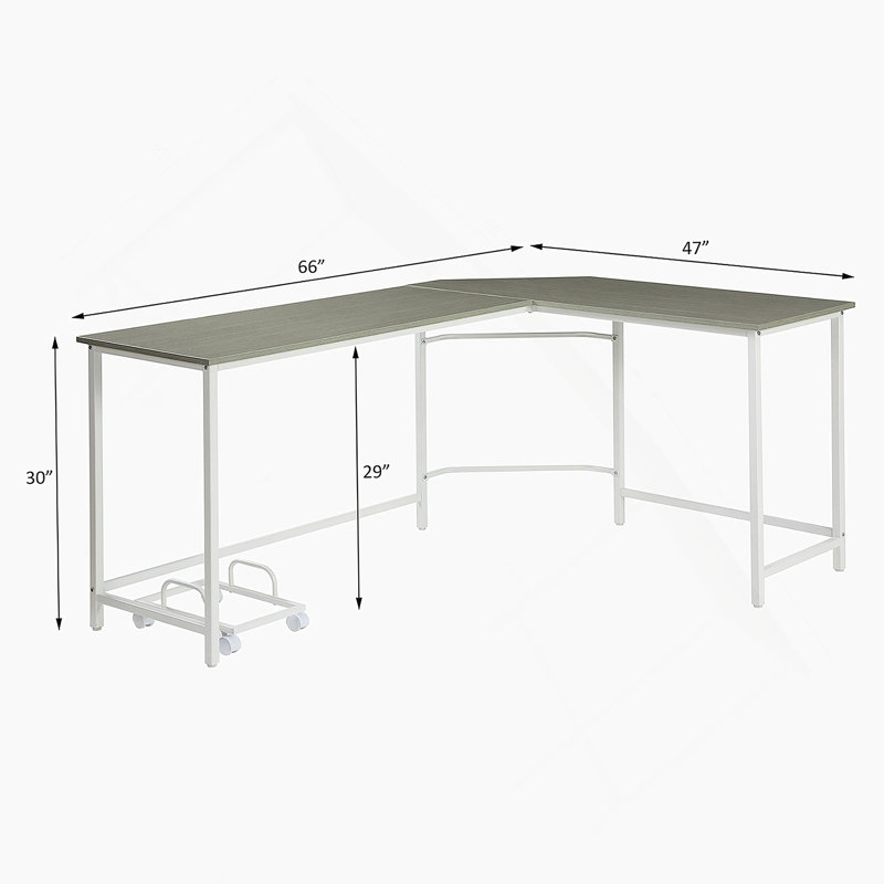 Bureau d'ordinateur en L rectangulaire avec design peu encombrant et support pour tour d'ordinateur portable, gris et blanc