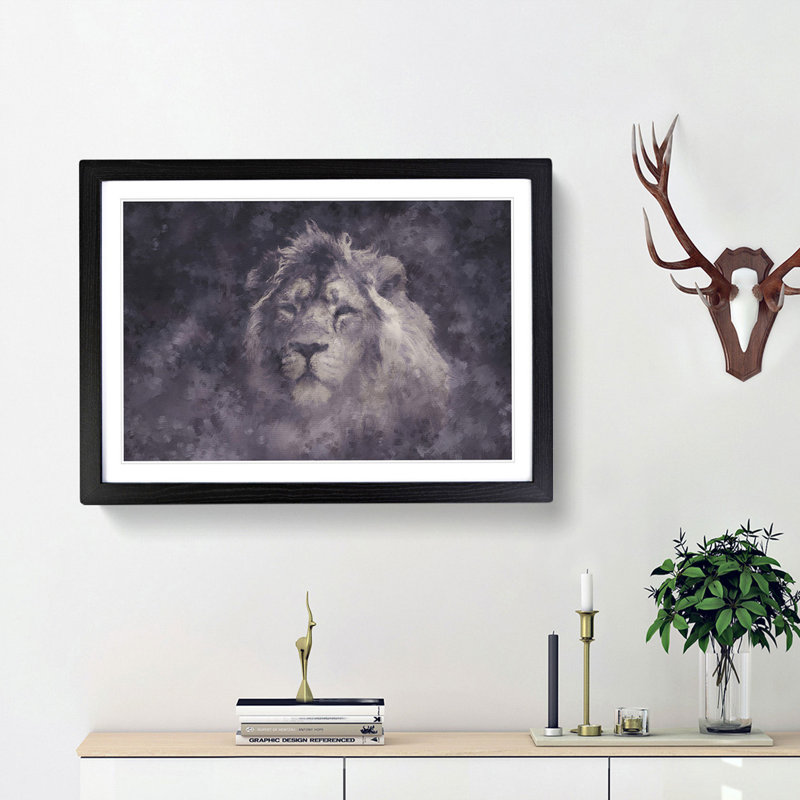Lion in the Mist - Framed Print, 24cm H x 33cm W x 2cm D, Black Framed