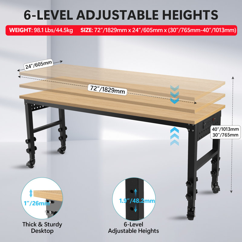 Établi à hauteur réglable avec roulettes, H 40 po x l 72 po x P 24 po