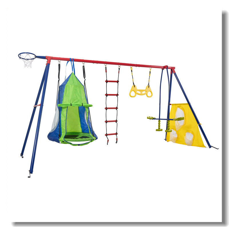 Rinbow Colour Interesting Four Function Swingset With Net Swing And Face To Face Metal Plastic Safe Swing Seat 550Lbs For Outdoor Playground For Age 3+