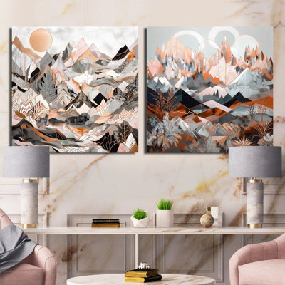 Montagnes métalliques or rose - Ensemble de 2 collages de formes abstraites