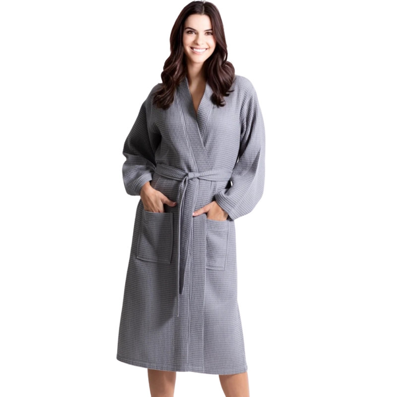 Peignoir mi-mollet 100% coton gaufré avec poches, gris