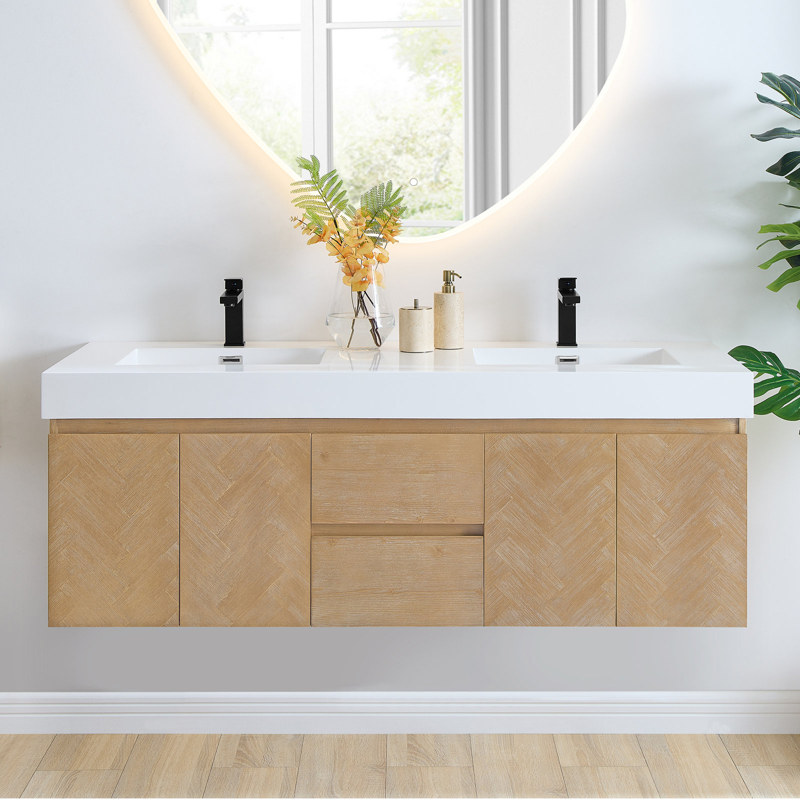 Ventura 60" Wall-mounted Double Bathroom Vanity with White Artificial Drop-in Sink without Mirror