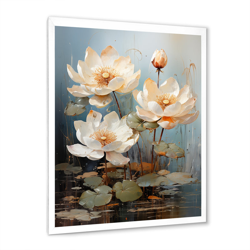 Élégance en fleurs de lotus sur toile, Cadre simple blanc, H 32 po x l 24 po x P 1 po