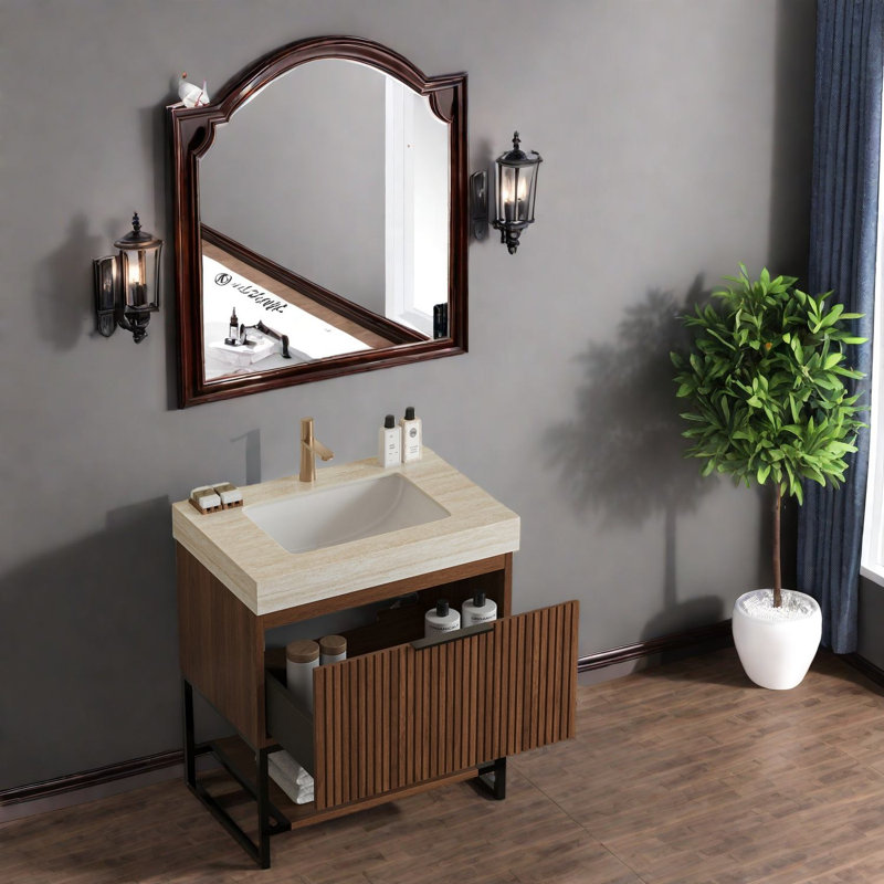 Ensemble de meubles-lavabos de luxe, plateau en pierre de marbre avec lavabo en céramique Roma, armoire de rangement moderne