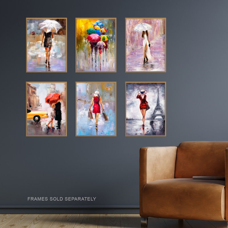 Rainy Days Oil Painting Paris New York Amsterdam London 6-Piece Set Unframed Wall Art Prints Living Room Bedroom Aesthetic Umbrella