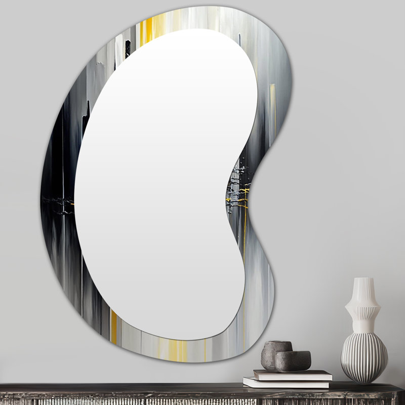Evelynrose Abstract Geometric Black And Yellow II - Geometric Asymmetrical Mirror, Black Irregular Shape Unique Wall Mirror, Printed Metal Art