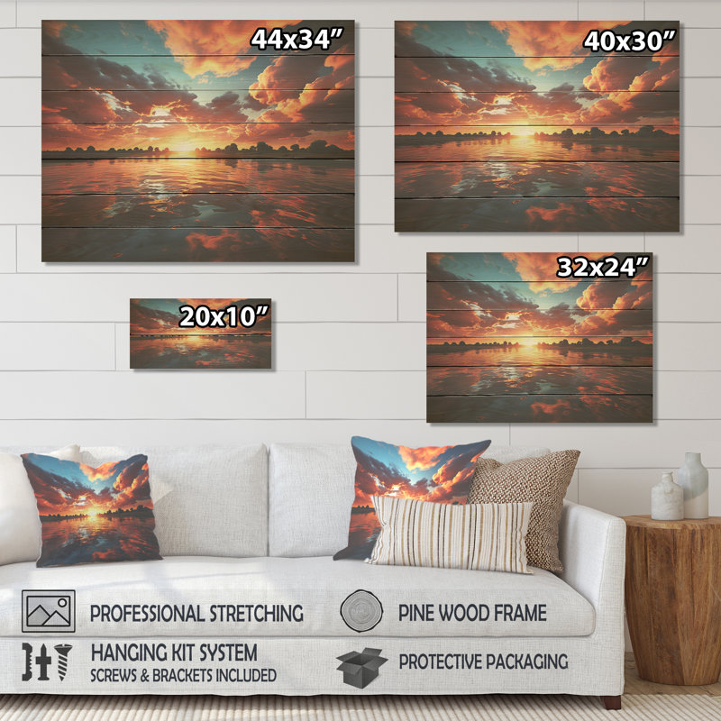 Ciel côtier rose et orange III - Ciel sur bois, H 10 po x l 20 po