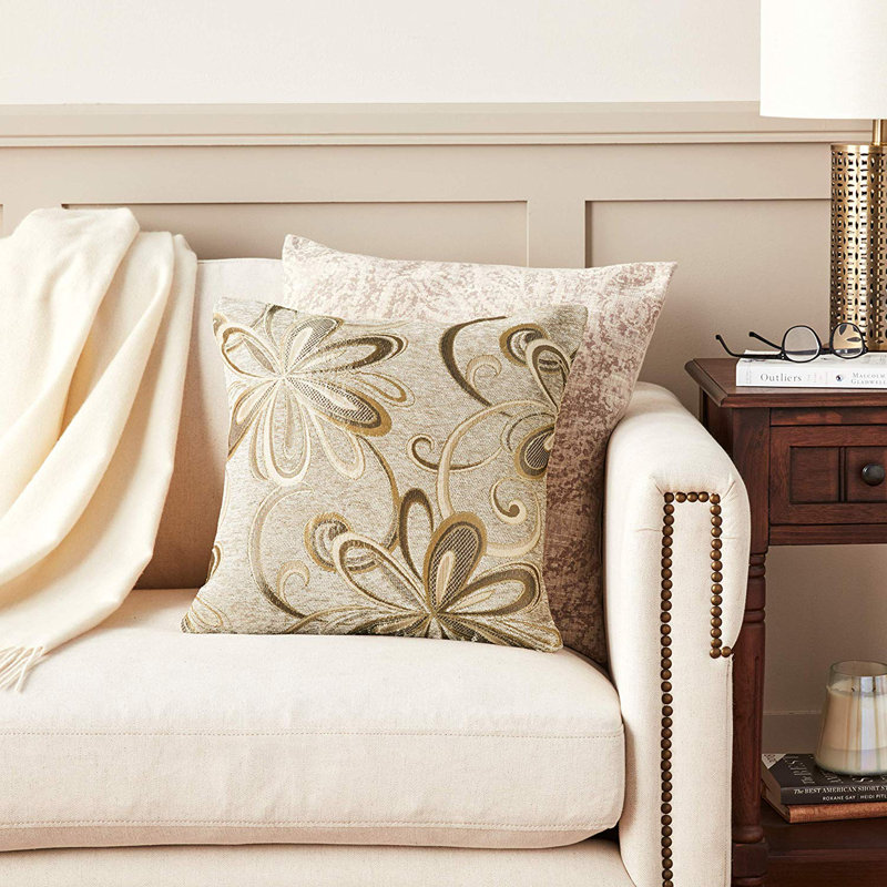 Gold Floral Embroidered Square Polyester Throw Pillow Set