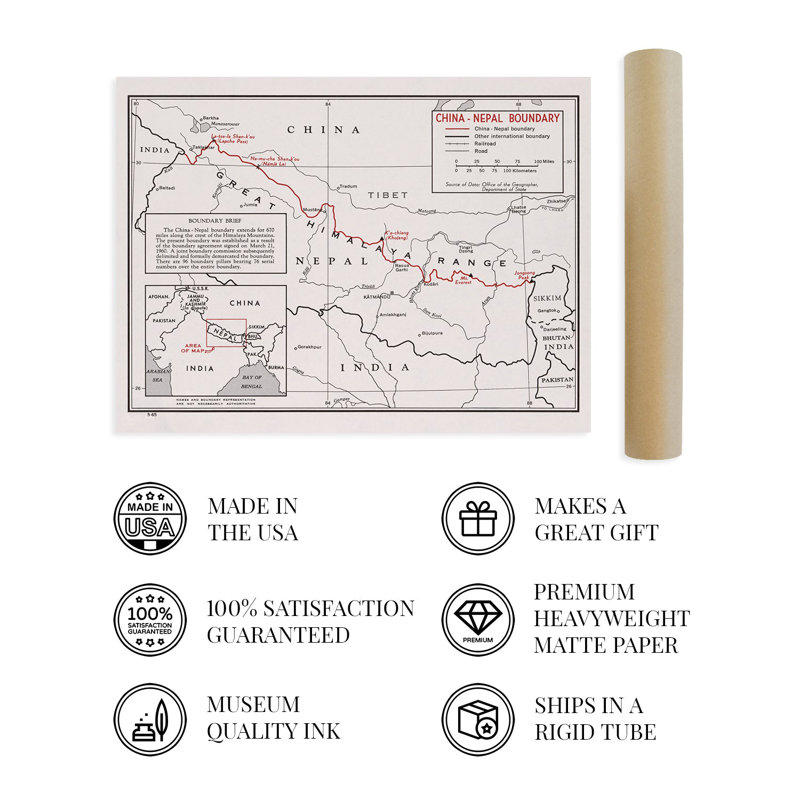 " 1968 China Nepal Boundary Map ",  24" H x 36" W 