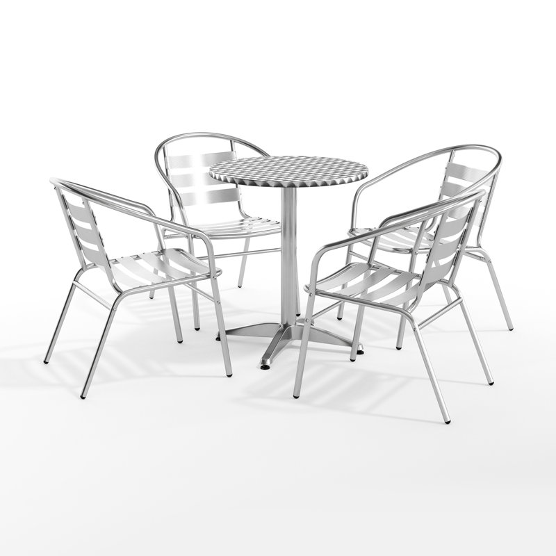 Johannette Round Aluminum Indoor-Outdoor Restaurant Dining Table Set with 4 Slat Back Chairs, 23.5" D x 23.5" W x 27.25" H