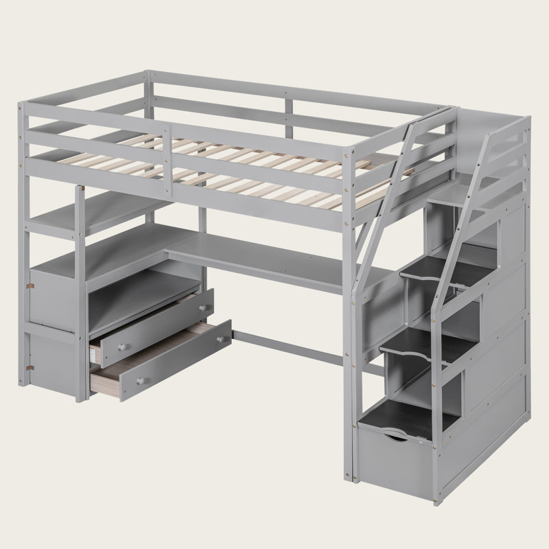 Lit mezzanine en bois massif avec bureau, tablettes, escalier de rangement et deux tiroirs intégrés, Complète, Gris
