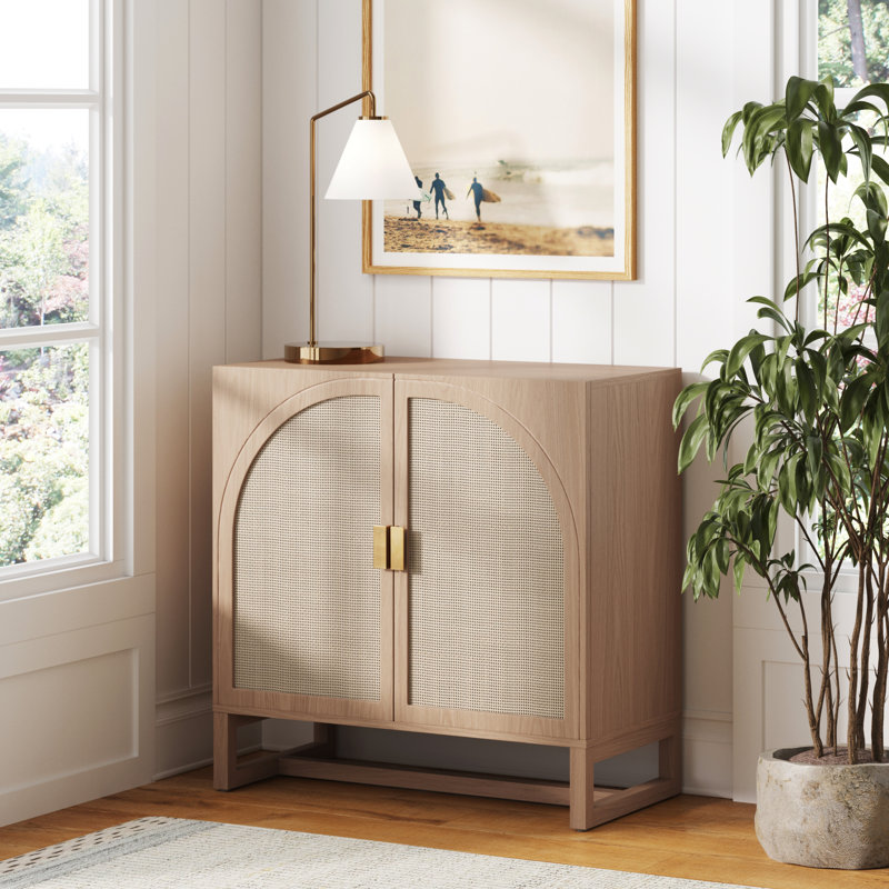 Raw Oak Rattan Arched Door Storage Cabinet , Raw Oak