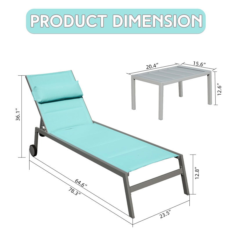 3 chaises longues d'extérieur - chaises de jardin en aluminium avec rembourrage et siège inclinable réglable pour la piscine, la plage et le balcon dans un cadre en tissu bleu lac