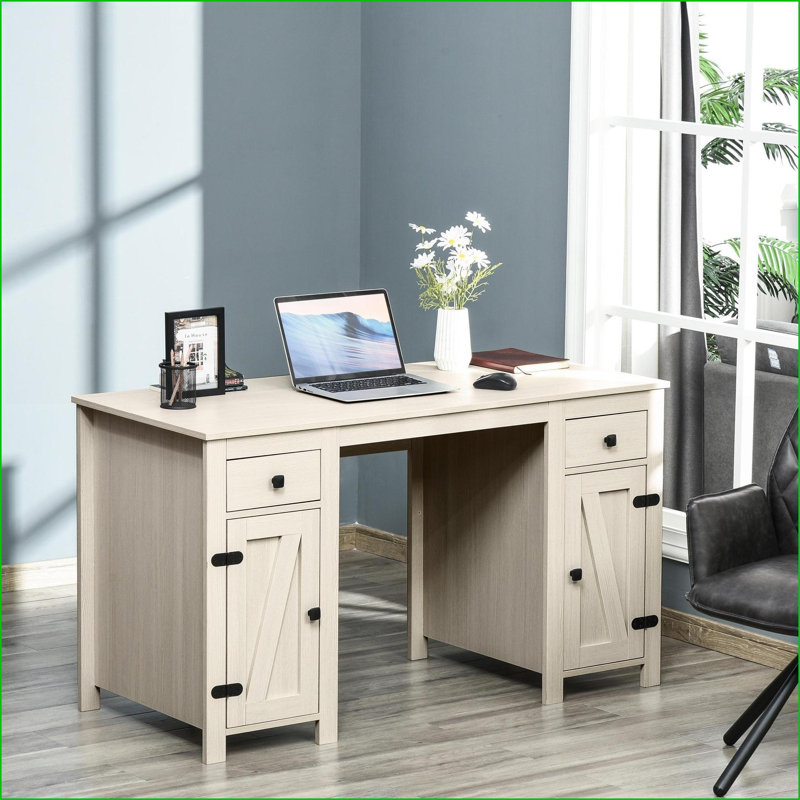Bureaux, bureau d'ordinateur de ferme avec tiroirs de rangement Armoires, blanc crème | Panneau de fibres à densité moyenne | Tablettes réglables