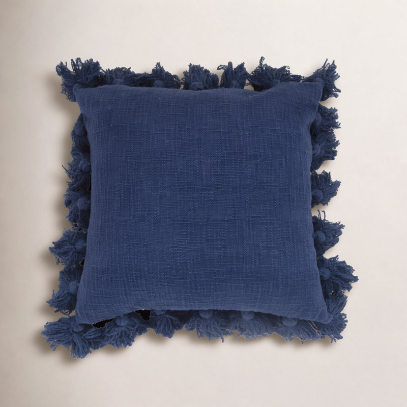 Woven Cotton Slub Pillow with Tassels, Navy Blue