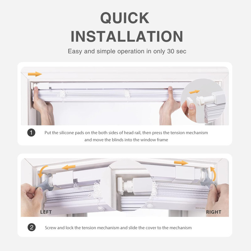 Cordless No Tools-No Drill 1" Vinyl Horizontal Mini Blinds, White, 34"W x 64"L