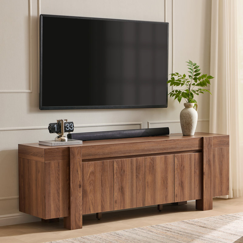 70" Modern Farmhouse Wooden Tv Stand, Media Console With Closed Storage Cabinets, Light Walnut