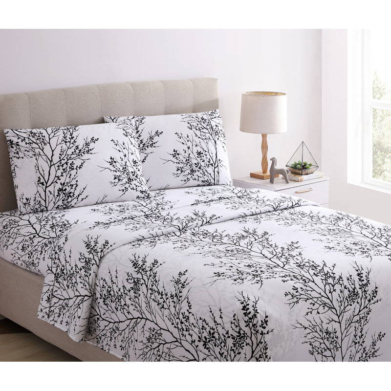 Foliage Microfiber Floral Sheet Set, Twin Sheet Set with Fitted Sheet and 1 Pillowcase, Ivory/Black