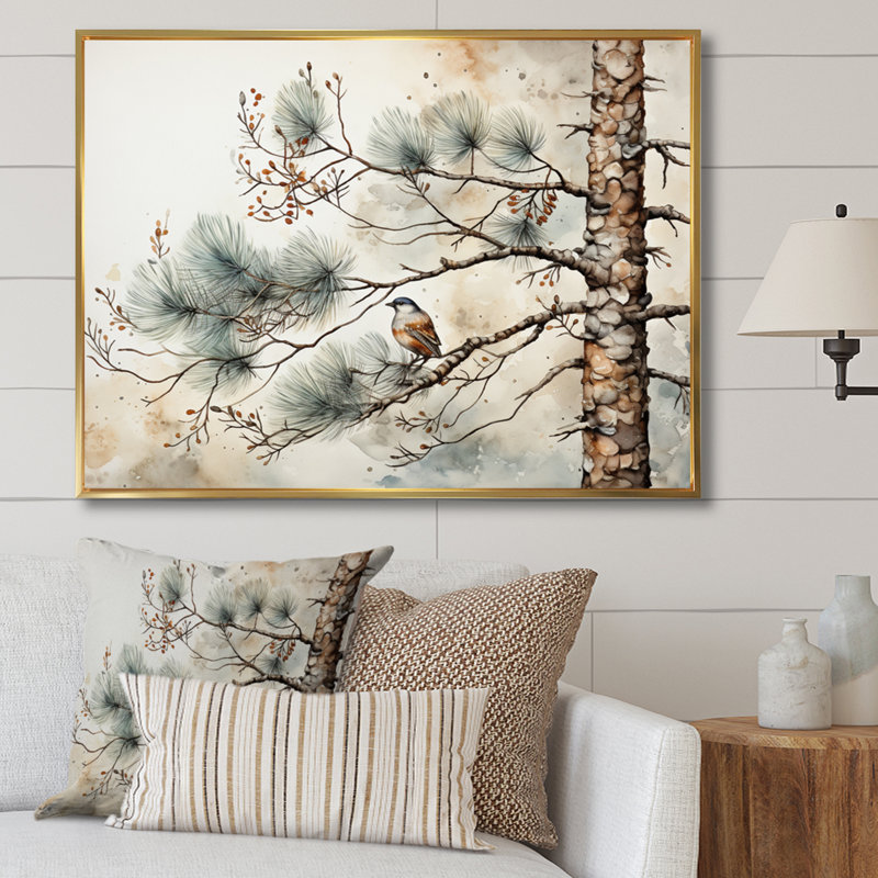 Décoration murale oiseau sur pin II, Cadre flottant doré, H 16 po x l 32 po x P 1 po