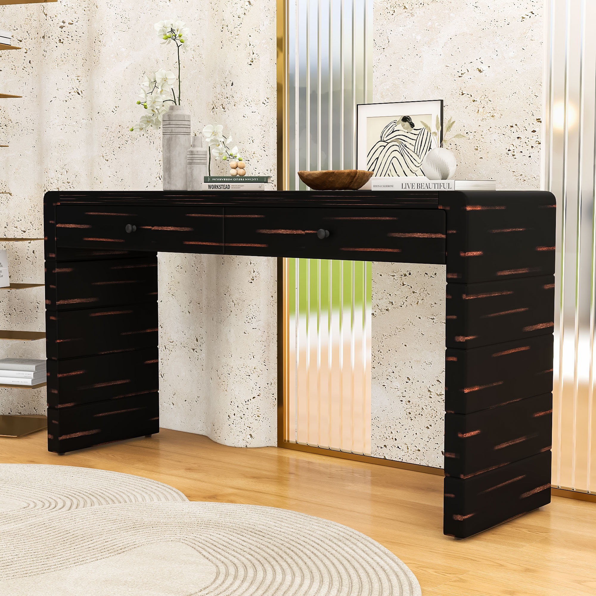 Latitude Run® Farmhouse Rustic Curved Console Table with Functional ...