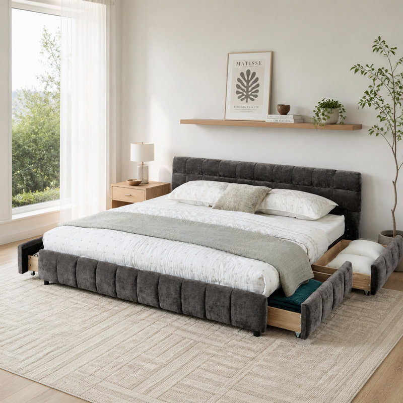 California King Upholstered Bed Frame with Chenille Fabric, Headboard and Drawer Storage, Dark Grey