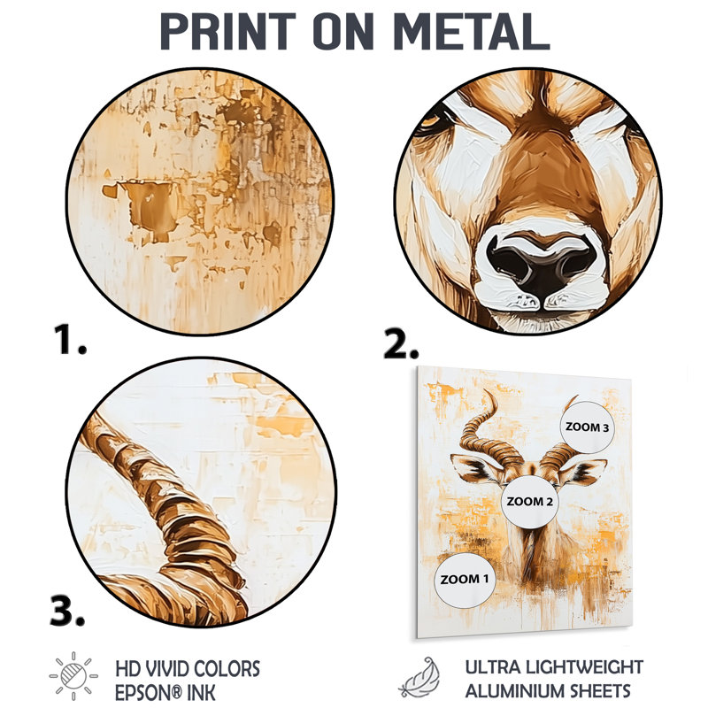 Antilope d'Afrique, cornes en spirale I - animaux, impression murale en métal, H 20 po x l 12 po