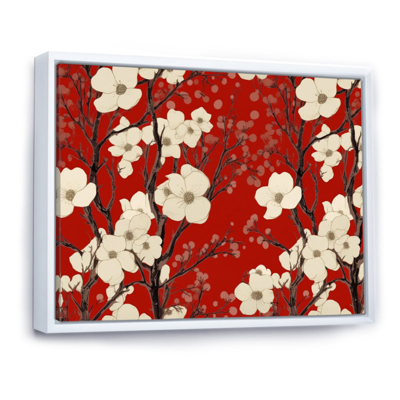 Élégance sur toile rouge et blanc Dogwood, Cadre flottant blanc, H 24 po x l 32 po x P 1 po