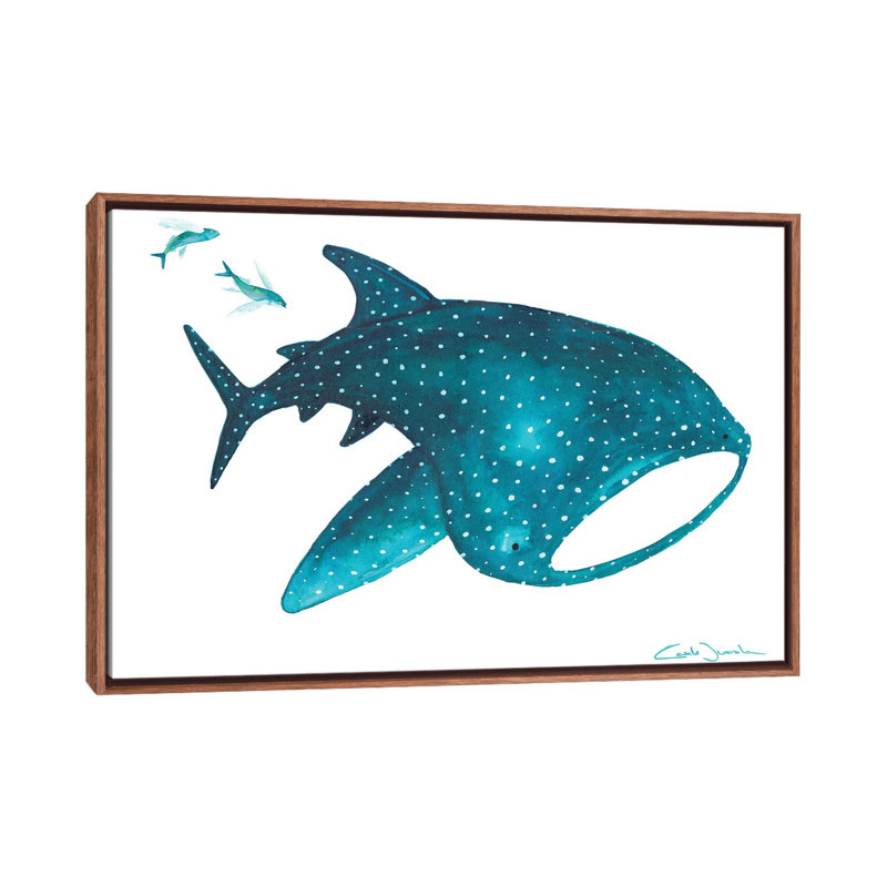 " Whale Shark And Fishes ", No Mat, 18" H x 26" W x 1.5" D, Brown Framed Canvas