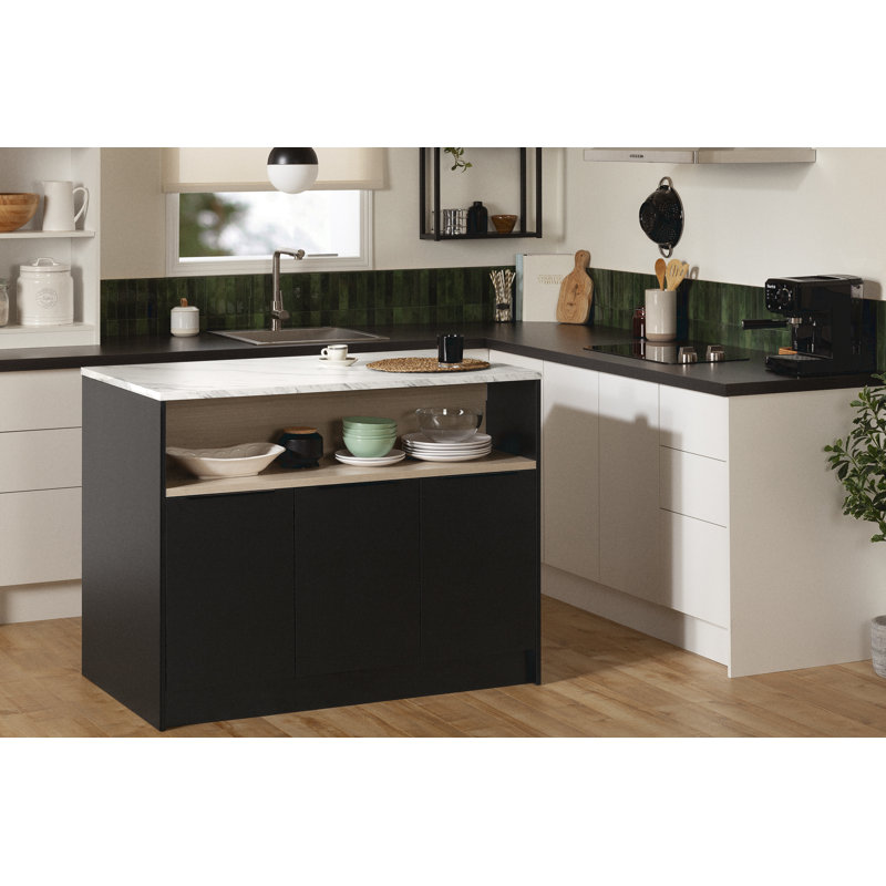 Îlot de cuisine Olio noir mat et faux marbre blanc