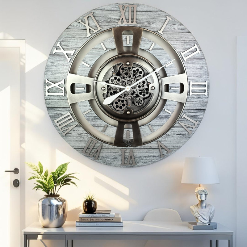 Wall Clock 24" Oversized for Living Room decor with Real Moving Gears England Collection, Silver Gray