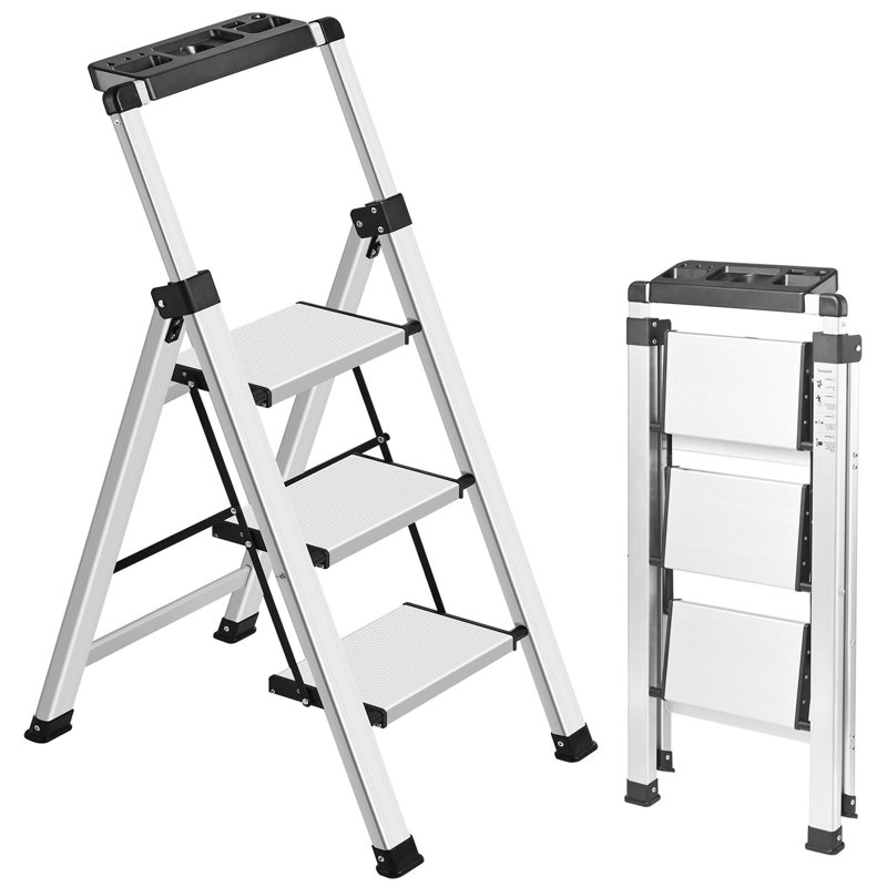 Escabeau pliant en aluminium à 3 marches avec poignée rétractable pour un usage domestique à l'intérieur