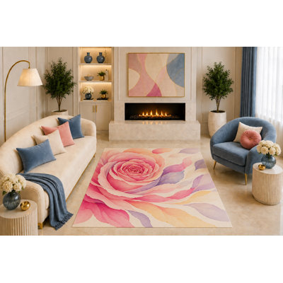 Tapis ultra-léger 152 x 213 cm, motif floral rose aquarelle romantique, lavande et crème, idéal pour le salon, la chambre, la chambre de fille ou la chambre d'enfant. Dos en silicone antidérapant, poils courts.