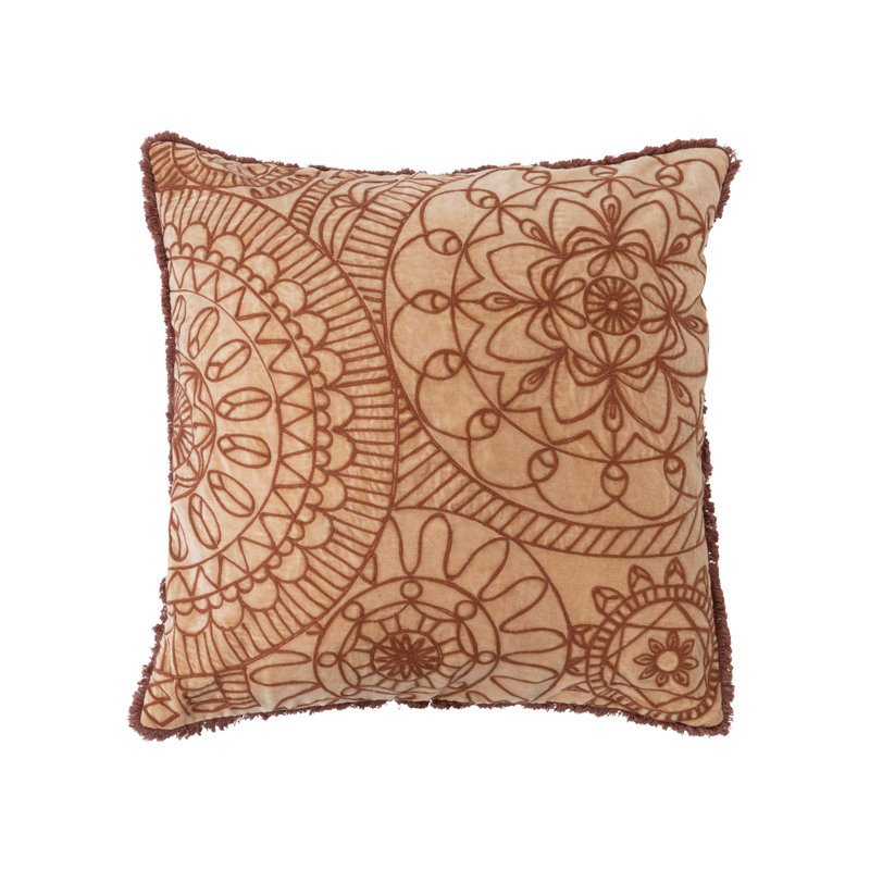 20'' Square Embroidered Cotton Velvet Pillow with Fringe