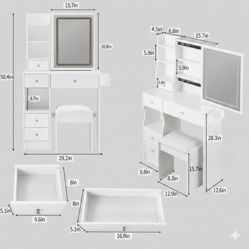 29.2-Inch Small-Sized Unit Combining A Left Drawer Desktop/Vanity Table And A Cushioned Stool. Features 2 AC Outlets + 2 USB Ports, A Hairdryer Bracket, And An Extra-Large Touch-Control Sliding LED Mirror With Tri-Color Switching And Adjustable Brightnes