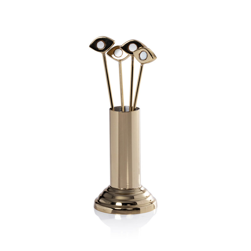 Evil Eye 4-Piece Set Cocktail Picks with Stand, Gold