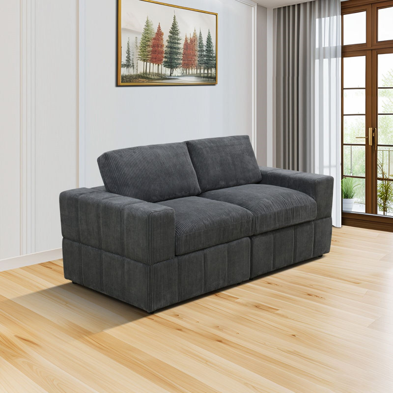 76"W Corduroy Living Room Double Armrests Loveseat, Black Gray