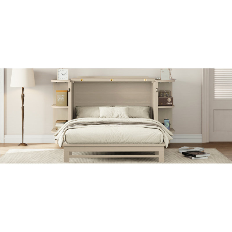 Armoire-lit style ferme en pin massif de style campagnard avec station de charge et 2 tablettes ouvertes pour le bureau à domicile ou une petite pièce, grand, crème Ceylan