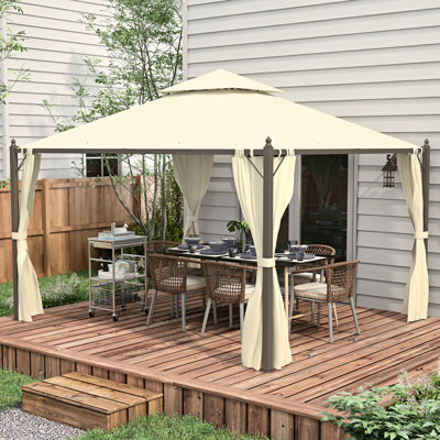Pavillon de jardin extérieur 10 pi x 12 pi avec structure en acier. Rideaux d'intimité, toit. Abri élégant. Patio beige en beige. 12 pi, cadre, toit, rideaux. Design attrayant